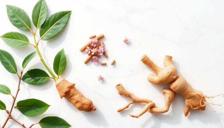 Plantes adaptogenes ashwagandha rhodiola ginseng sur marbre